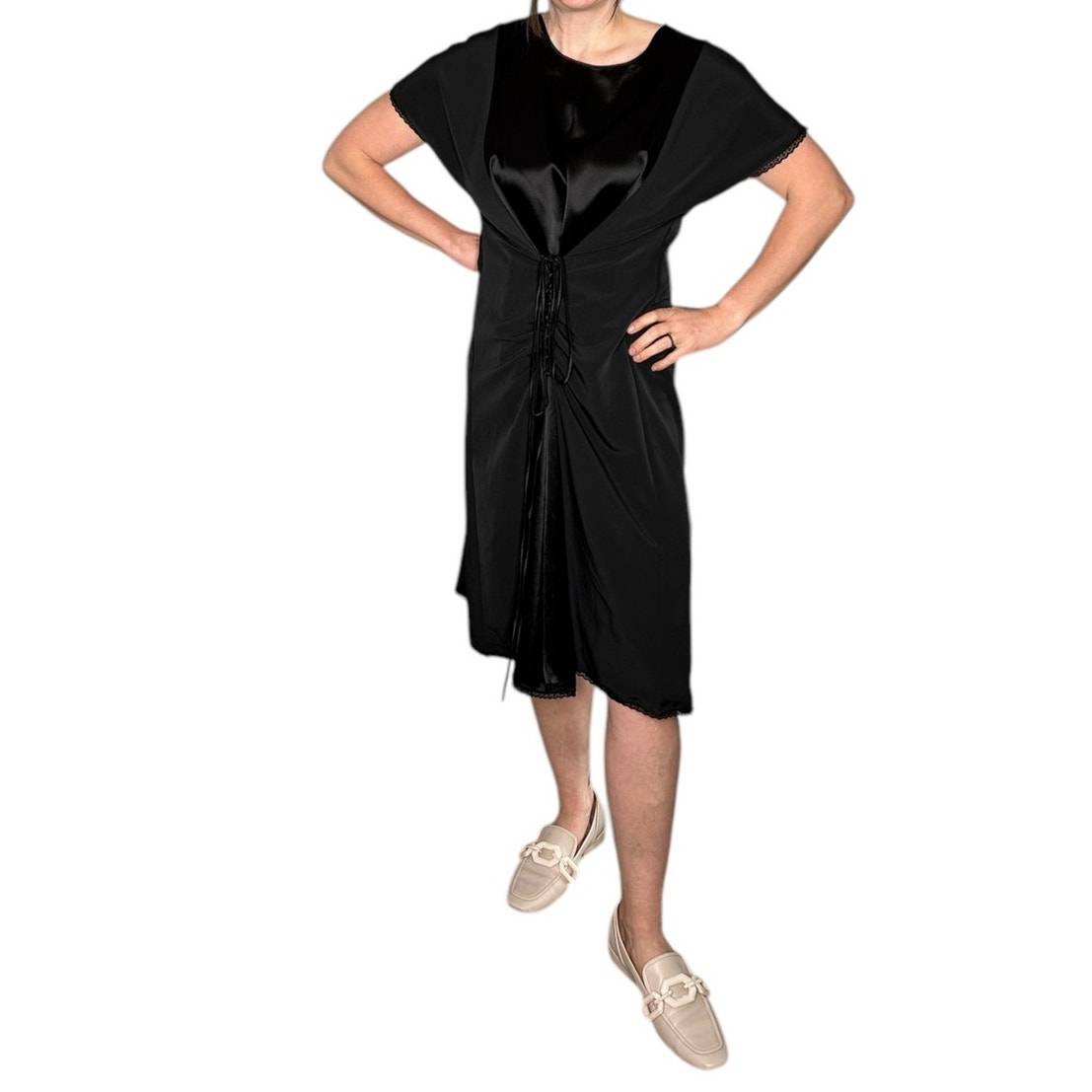 Atlein Collective Black Lace Up Front Satin Midi Dress Women's Size Medium